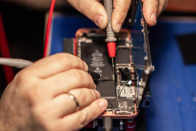 Technician testing phone battery with multimeter