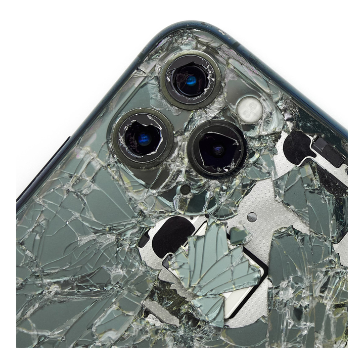 Midnight green iPhone with shattered back glass around the camera module