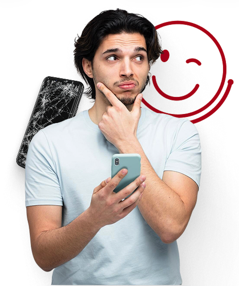 Customer with a phone beside a cracked device and fone doctors smiley