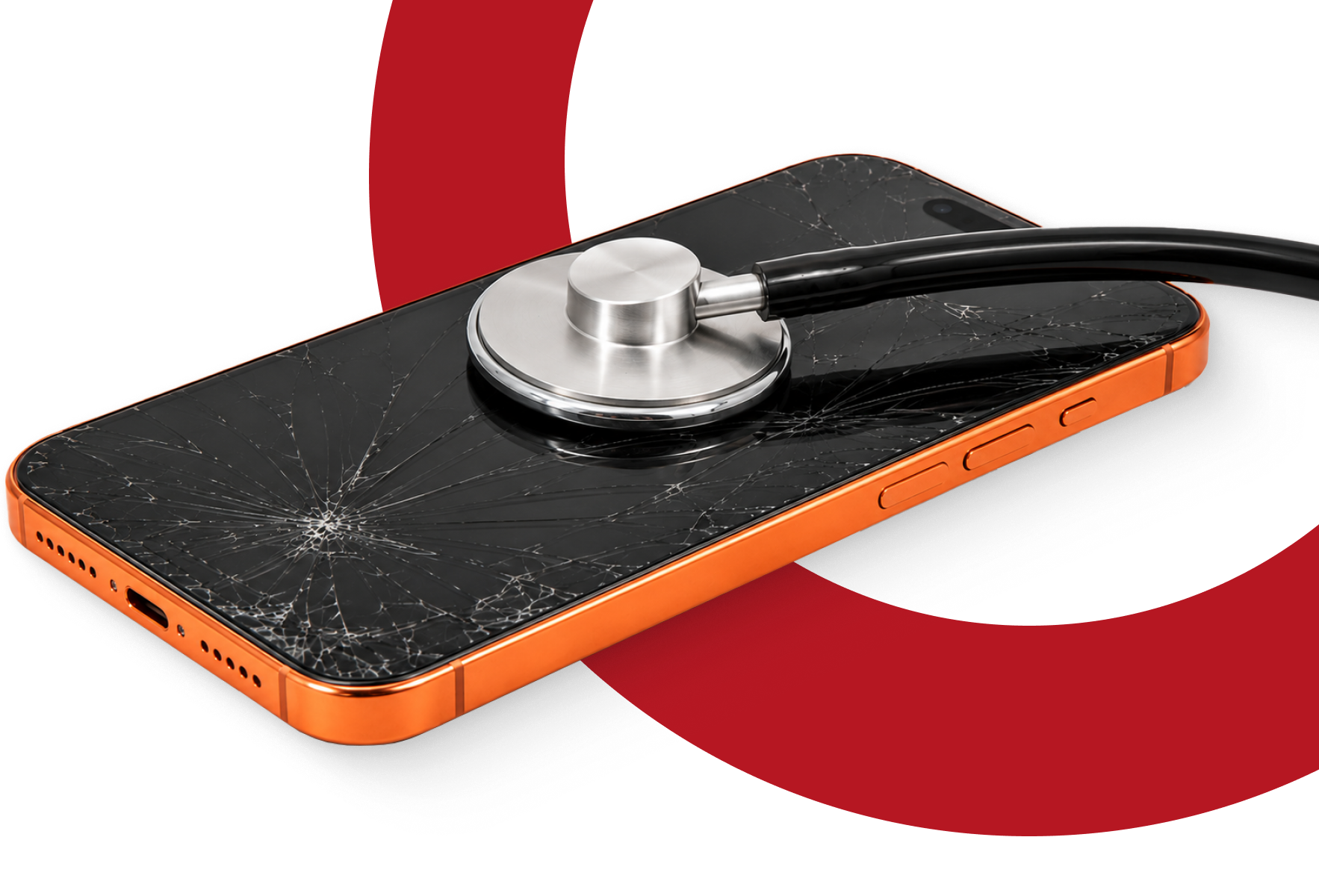 Cracked phone being diagnosed with a stethoscope